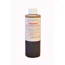 Liquid hair treatment in labeled container.